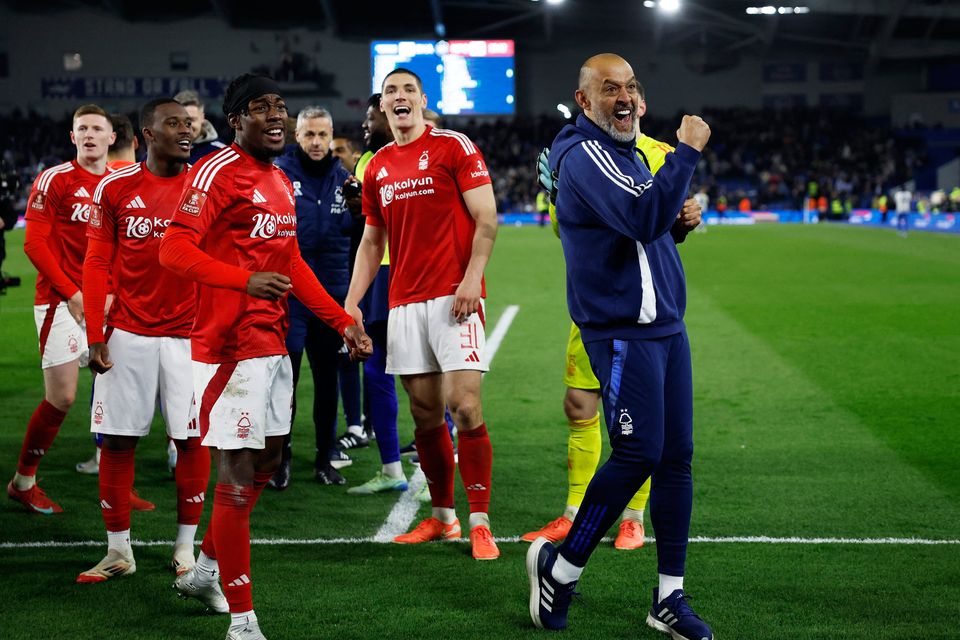 Nottingham Forest manager Nuno Espirito Santo celebrates after the FA Cup quarter-final win over Brighton